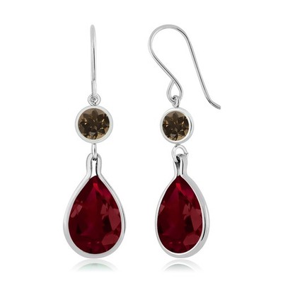 13.22 Ct Red Created Ruby Brown Smoky Quartz 925 Sterling Silver Earrings