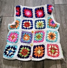 Vintage Crochet Granny Square Vest Button Closure