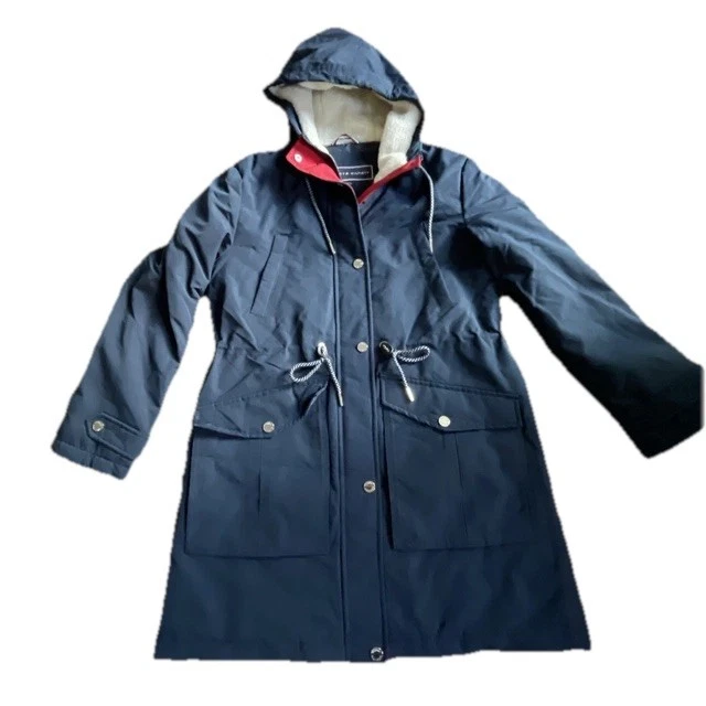 NUEVO SIN ETIQUETAS Tommy Hilfiger Mujer Parka Peso Medio Chaqueta con Capucha Azul Marino Talla Pequeña Foto 2 de 4