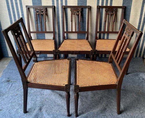 Antique French Louis XVI Style Cane Dining Chairs Set Of 5