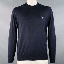 PRADA Size L Navy White Jersey Logo Virgin Wool Long Sleeve Pullover