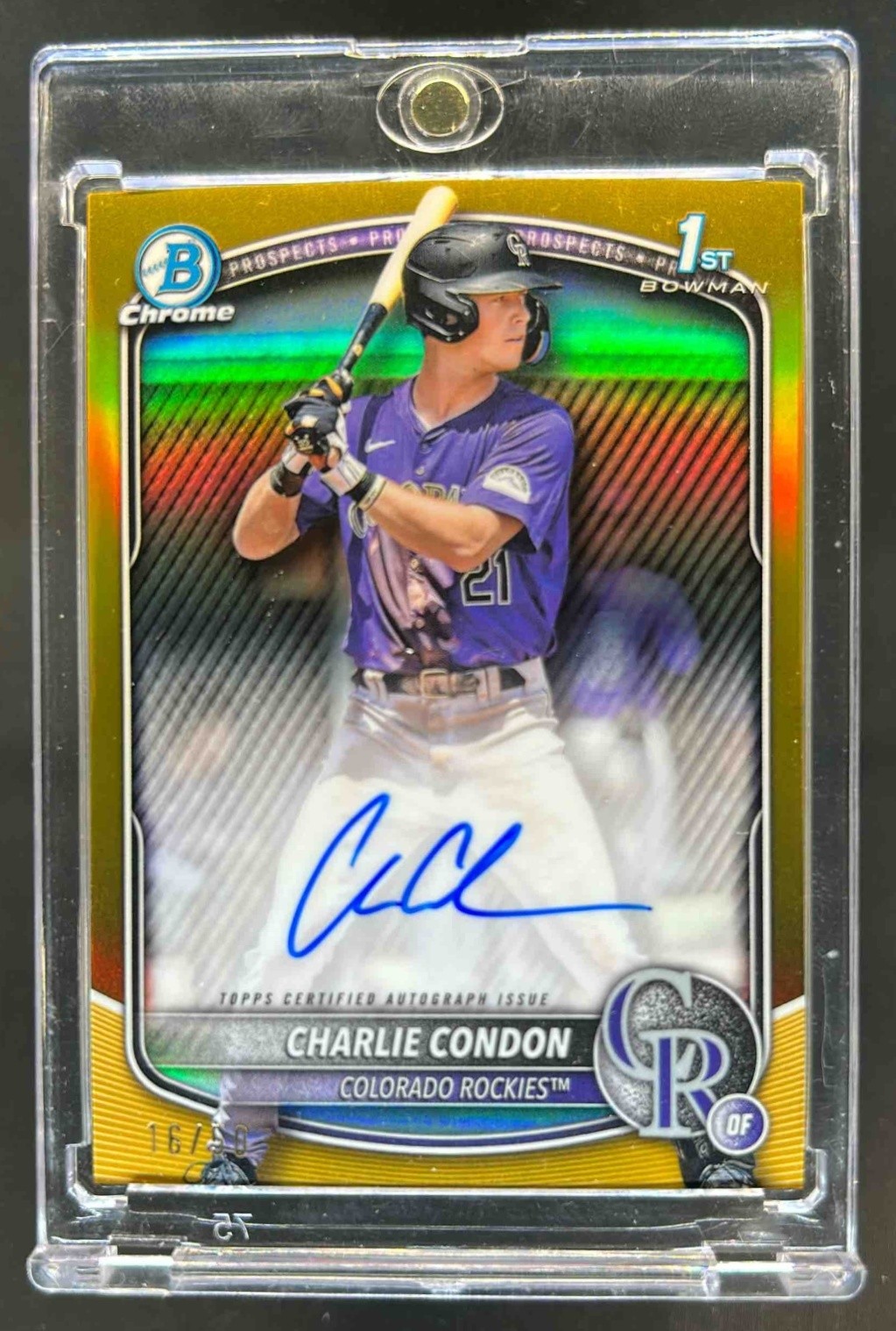 2025 Bowman Charlie Condon Chrome Auto Gold Refractor 1st Prospect #/50 Rockies