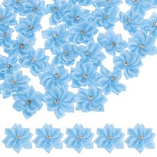 200 Pack 1.2 Inch Blue Satin Ribbon Flowers with Rhinestones Appliques