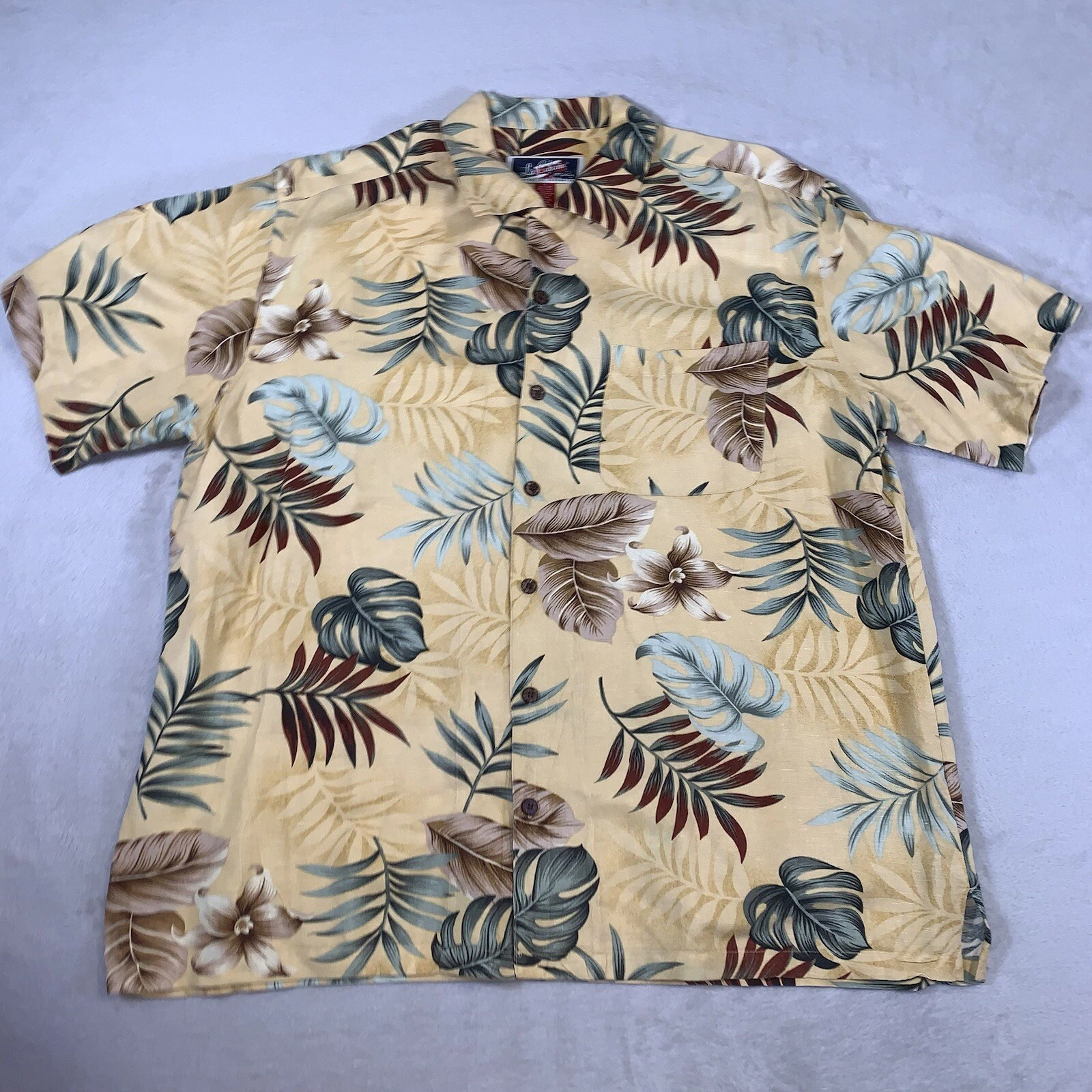 La Cabana Shirt Mens XL Beige Linen Rayon Blend Camp All Over Print Floral Adult