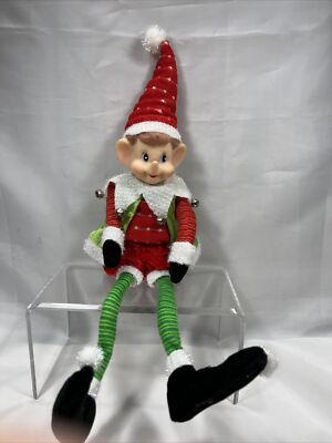 Santas Helper Elf Doll Shelf Sitter Christmas Holiday Decor Striped Hat ...