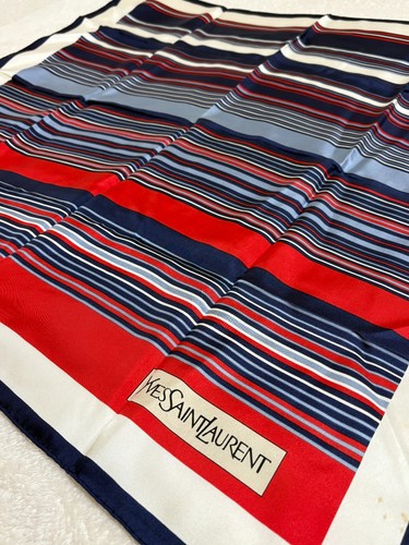 Yves Saint Laurent YSL Vintage Silk Scarf Red & Navy Stripe Size 29.5in×30.3in