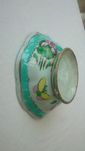 Antique Chinese porcelain footed lotus bowl blue yellow Ming or Qing dynasty
