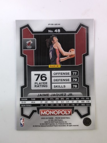 2023-24 Prizm Monopoly Jaime Jaquez RC Free Parking Red Cracked Ice Prizm #48 - Picture 2 of 2