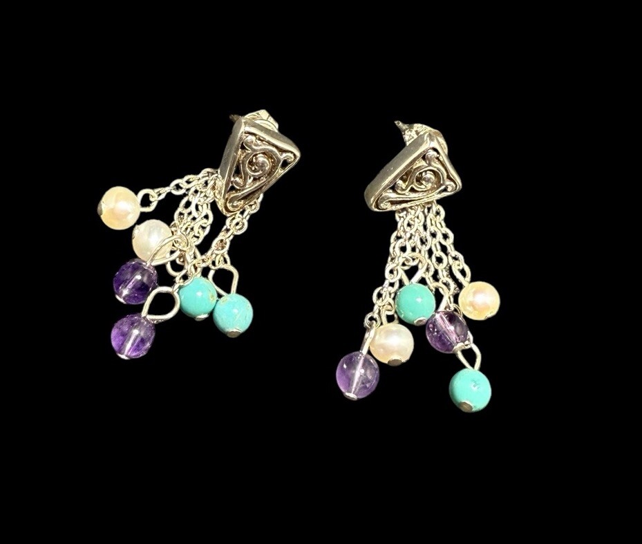 925 Silver Scrollwork Multi Gemstone Dangle Earri… - image 2