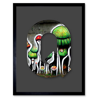 Letter Q Abstract Trippy Grey Green Graffiti Alphabet Framed Wall Art Print 9X7''