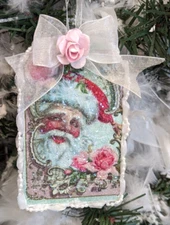 Shabby Chic Victorian Pink Santa Roses Bow Glitter Decoupage Christmas Ornament