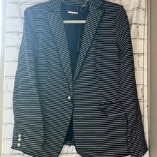 Tahari Navy Blue & White Pinstriped Blazer, Faux Pearl Buttons, Size 10, Nwt!!