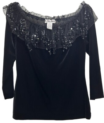 Cache Black Stretch Velvet Round Chiffon/Sequined Neck 3/4 Sleeves Size M-EUC