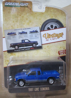 Greenlight Vintage Ad Cars 1991 GMC Sonoma 4x4 Blue  1:64 Diecast w/Rubber Tires
