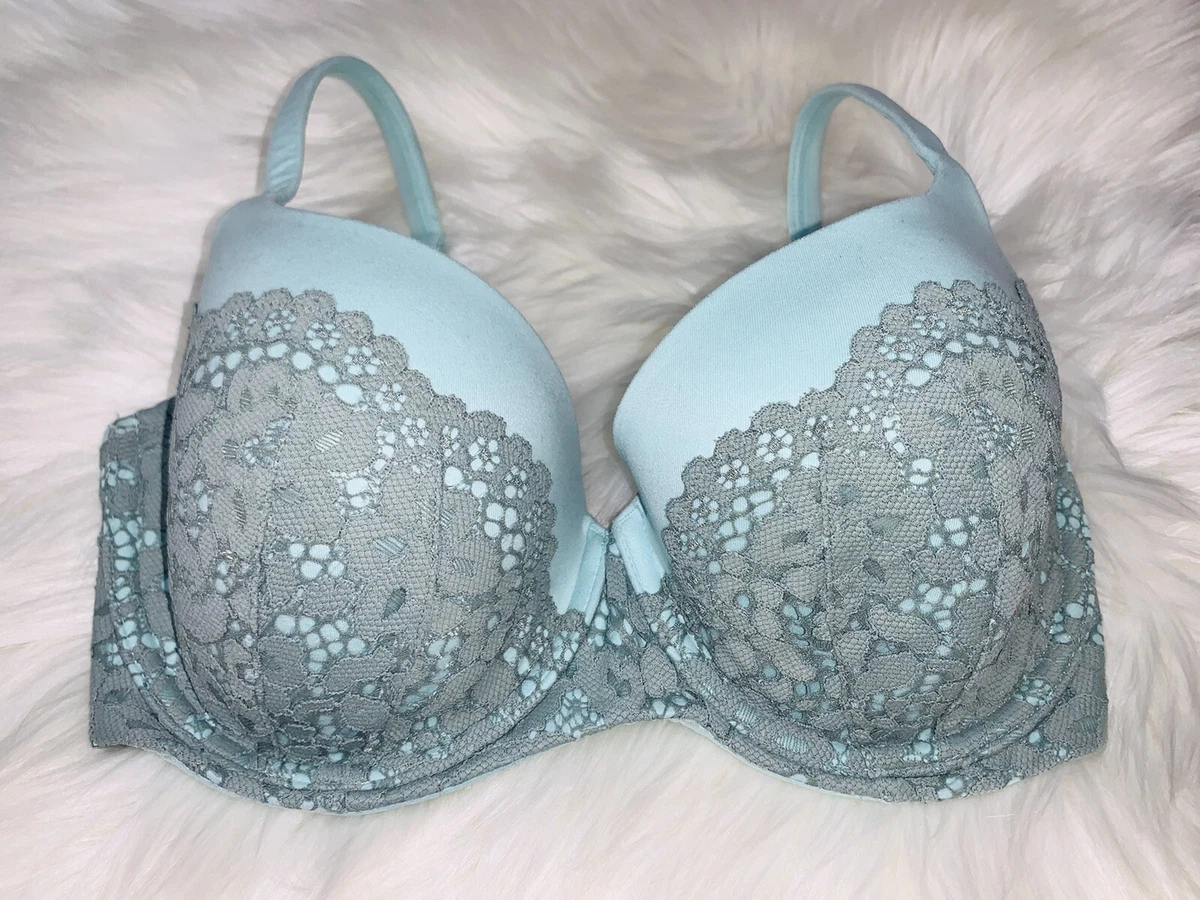 Victorias Secret 32DDD Bra Body By Victoria Lined Demi Light Teal Gray Lace  VS