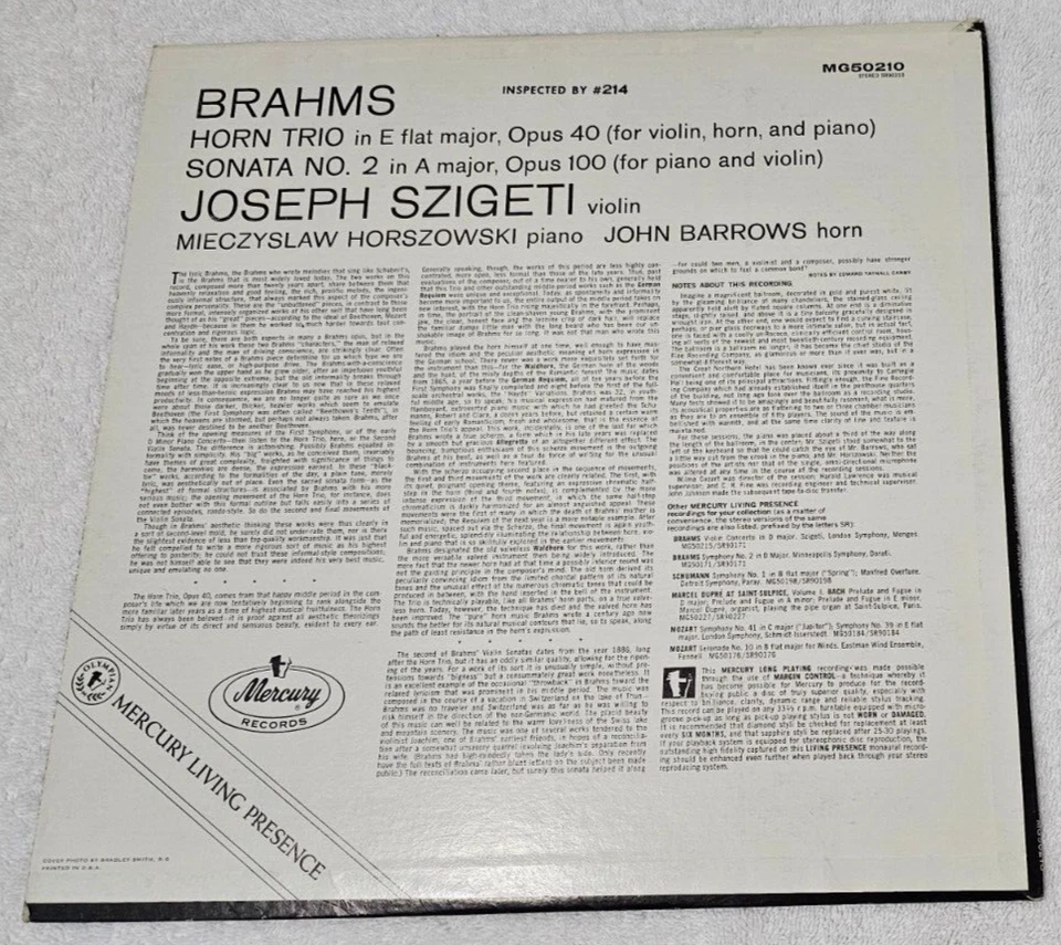 Brahms Horn Trio Sonata No.2 Szigeti Mercury SR90210 Original DG Colored Back NM - Image 2 of 3