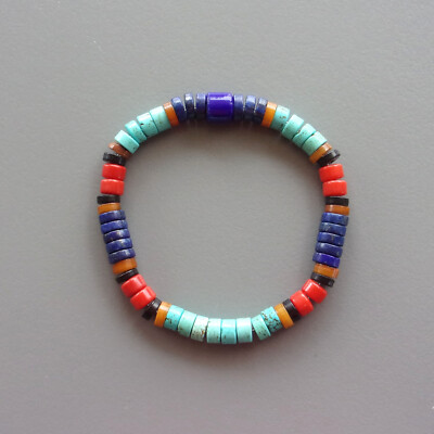 Collier Amérindien Surfeur En Turquoise, Corail, Jaspe Orange Et Argent - Fait Main En Belgique