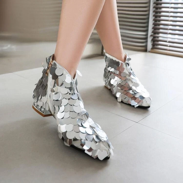 Womens Ankle Boots Low Heel Pointy Toe Sequin Rhinestone Side Zip Shoes Oversize - Image 2 of 4