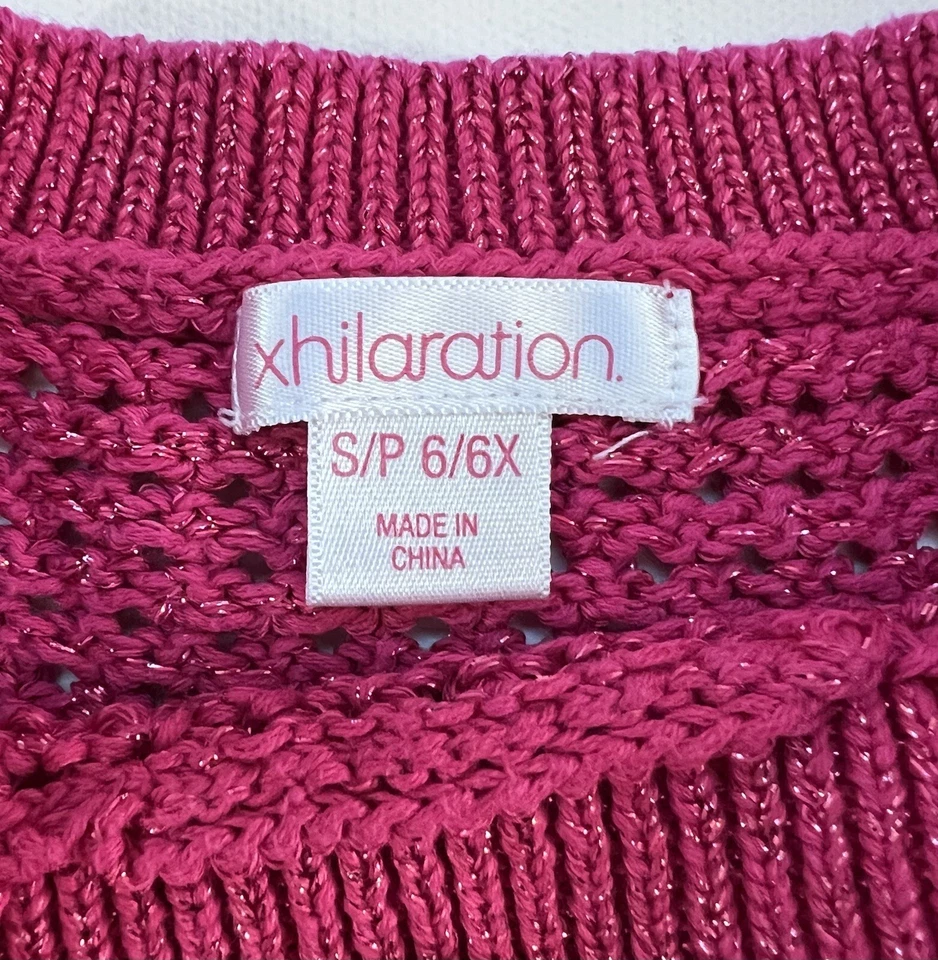 Girl's Long Sleeve Top Kids Size S (6/6X) Pink Crochet Glitter - Image 2 of 4