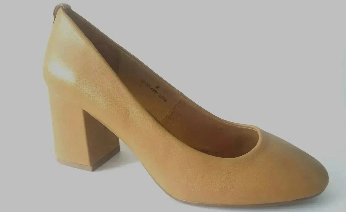M S INSOLIA Mustard Leather Round Toe Slip On Block Heel Court