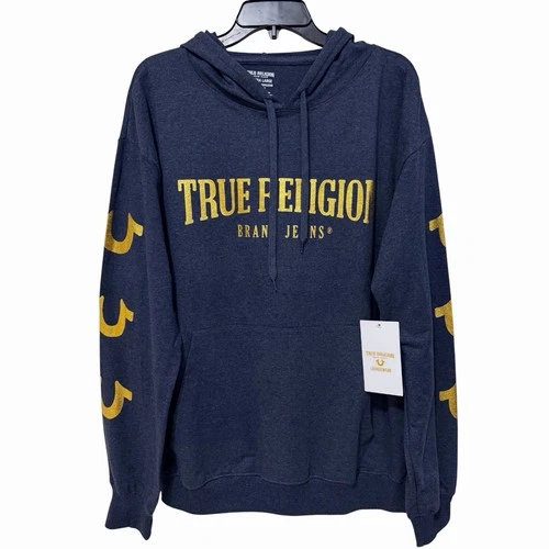 True Religion Mens Hoodie XL Navy Gold Glitter Logo Loungewear Sweatshirt - product listing photo