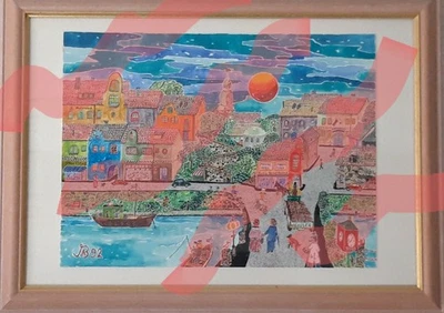 NAIVE MALEREI FARBENFROHES AQUARELL UNTER GLAS, SIGNIERT DETAILREICHE AUSFÜHRUNG - Bild 1 von 2
