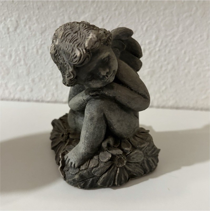 Gray Matte Resin Cherub Angel Figurine Sitting on Flower Base, Unboxed