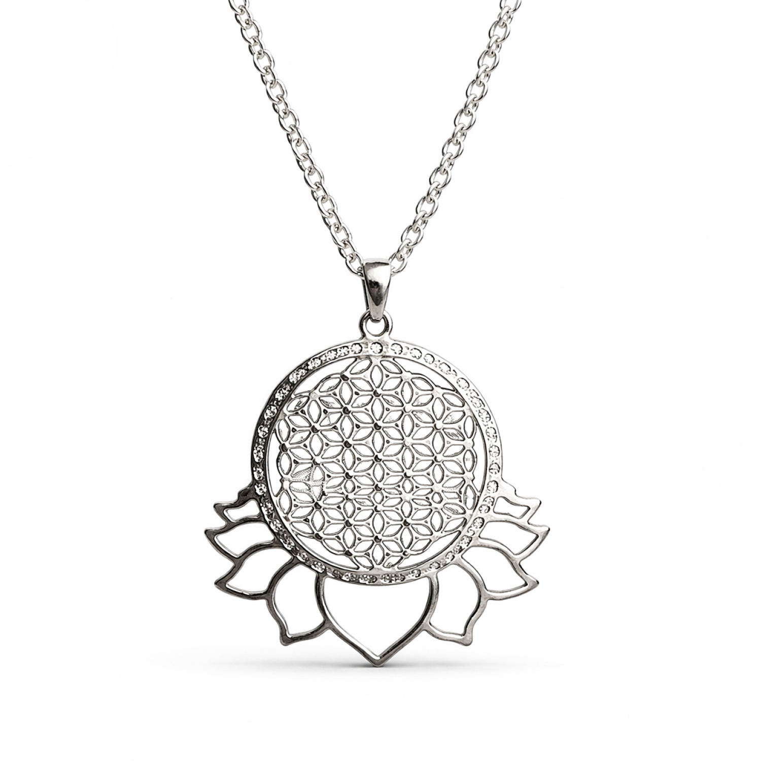 Flower of Life Lotus Pendant Sacred Geometry Kabbalah Necklace 18"" Chain