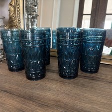 Indiana Glass Kings Crown Teal Blue Iced Tea Tumblers Set of 6 Vintage