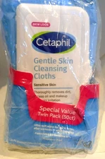 Cetaphil Gentle Skin Cleansing Face Wipes Cloths - Unscented - TWIN PACK (50CT)