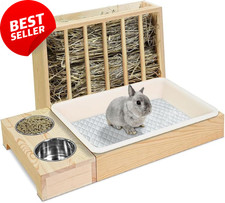 Wooden Rabbit Hay Feeder with Litter Box & 2 Stainless Steel Bowls – Feeding Sta