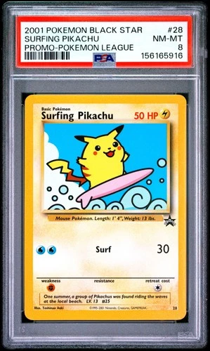 2001 POKEMON PROMO BLACK STAR POKEMON LEAGUE #28 SURFING PIKACHU PSA 8