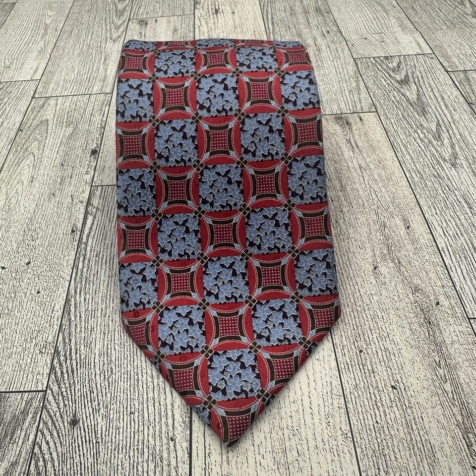 "Corbata Ermenegildo Zegna 100 % seda roja con diseño floral azul 60"" L hecha en Italia" Foto 2 de 4