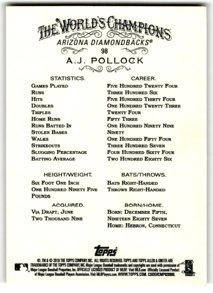 2018 Topps Allen & Ginter A.J. Pollock #98 Arizona Diamondbacks - Image 2 of 2