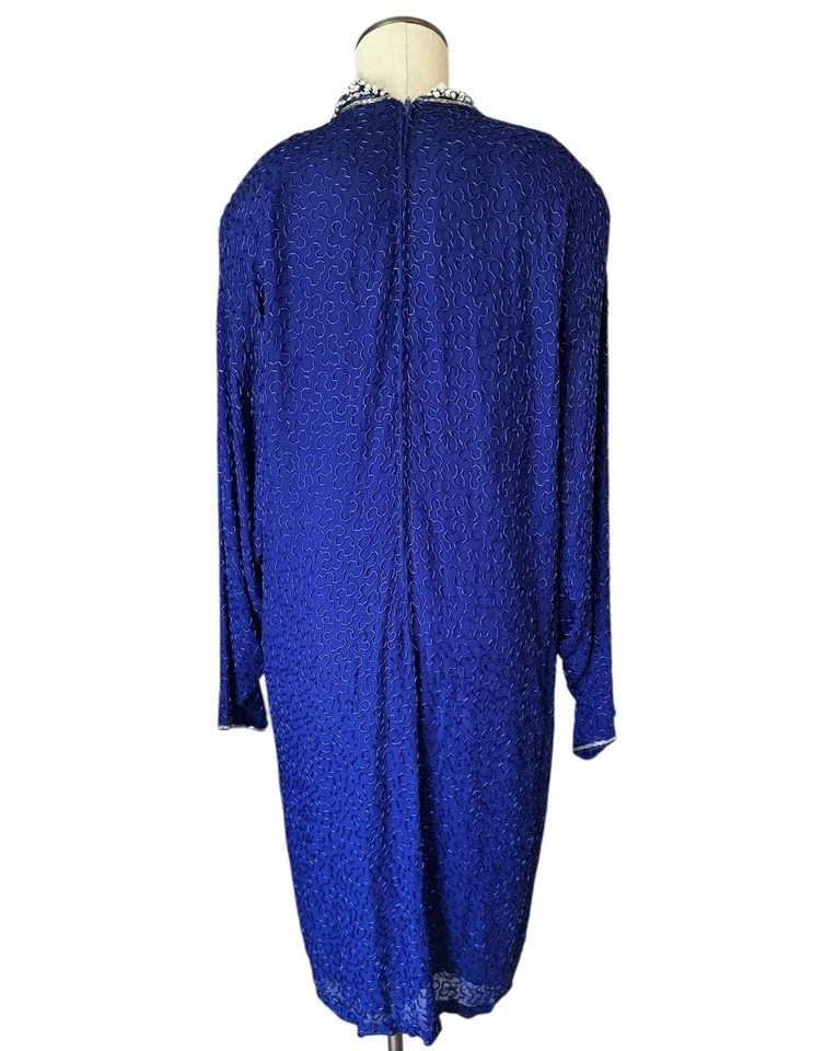 Vestido NAEEM KHAN RIAZEE Vintage Azul Cobalto Completamente Cuentas 100% Seda Para Saks Talla XL Foto 2 de 4