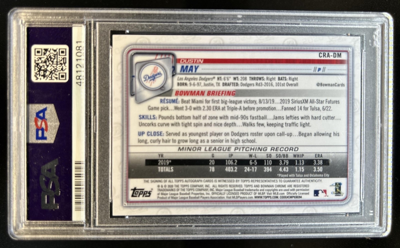 2020 Bowman Dustin May Chrome Rookie Auto RC Atomic Refractor #/100 PSA 9 view 2