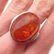 925 Sterling Silver Vintage Real Cabochon Amber Modernist Ring Size 8