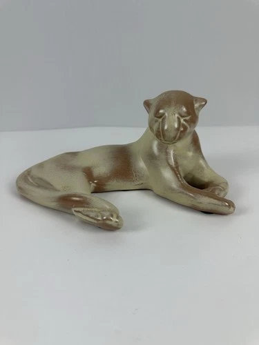 Vintage Frankoma Reclining Cat Puma Laying Prairie Green #116