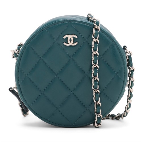 Chanel Matelasse Lambskin Chain Shoulder Bag Round Green Silver Metal Fittings 3