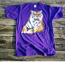 Vintage 90s Jerzees Tiger Graphic Tee Medium Purple Puff Paint Made in USA VTG