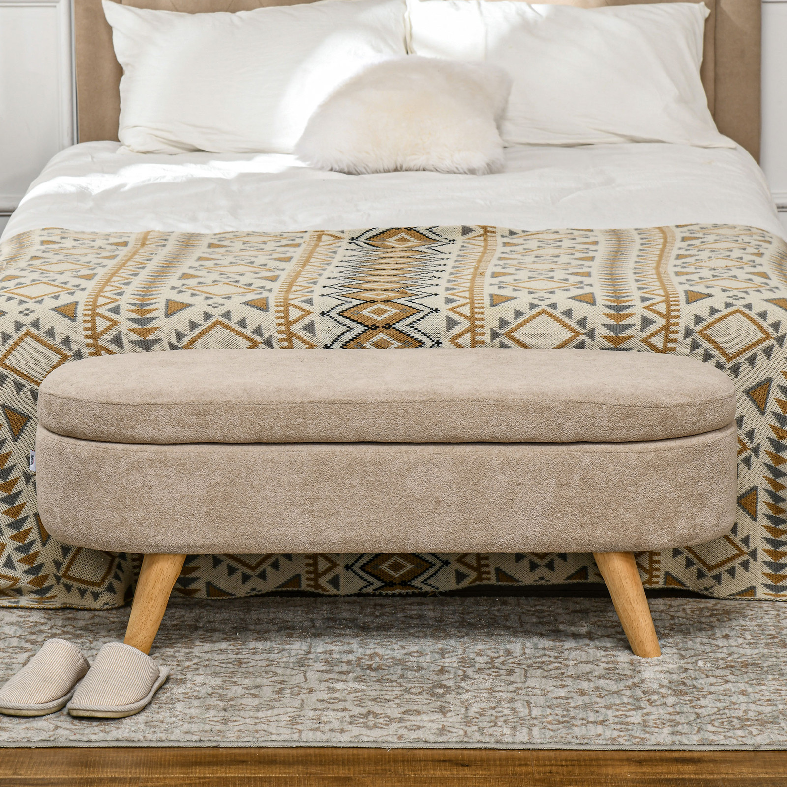 Storage Ottoman Bench, 43.3" Upholstered End of Bed Bench, Beige