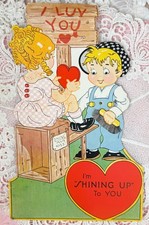 Vtg CARRINGTON 7”x11” Mechanical “Shoe Shine For a Kiss” VALENTINES DAY Card