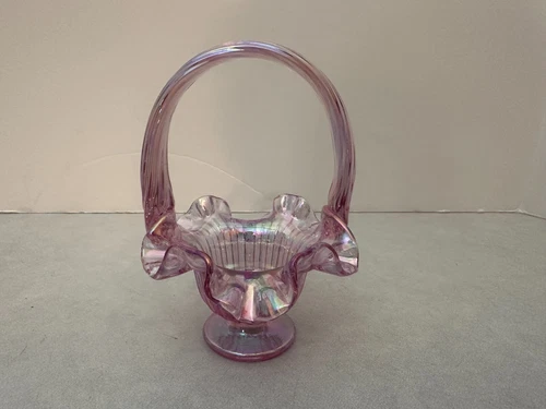 Fenton Glass Basket - Opalescent Pink - Ruffle Edges - Footed - 5" Tall