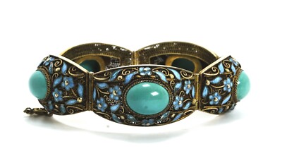 Antique Silver Chinese Export Turquoise & Enamel Filigree Link Bracelet