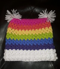 HANDMADE CROCHET HAT FOR CHILDREN WHITE/RAINBOW STRIPE 20 INCH CIRCUMFERENCE