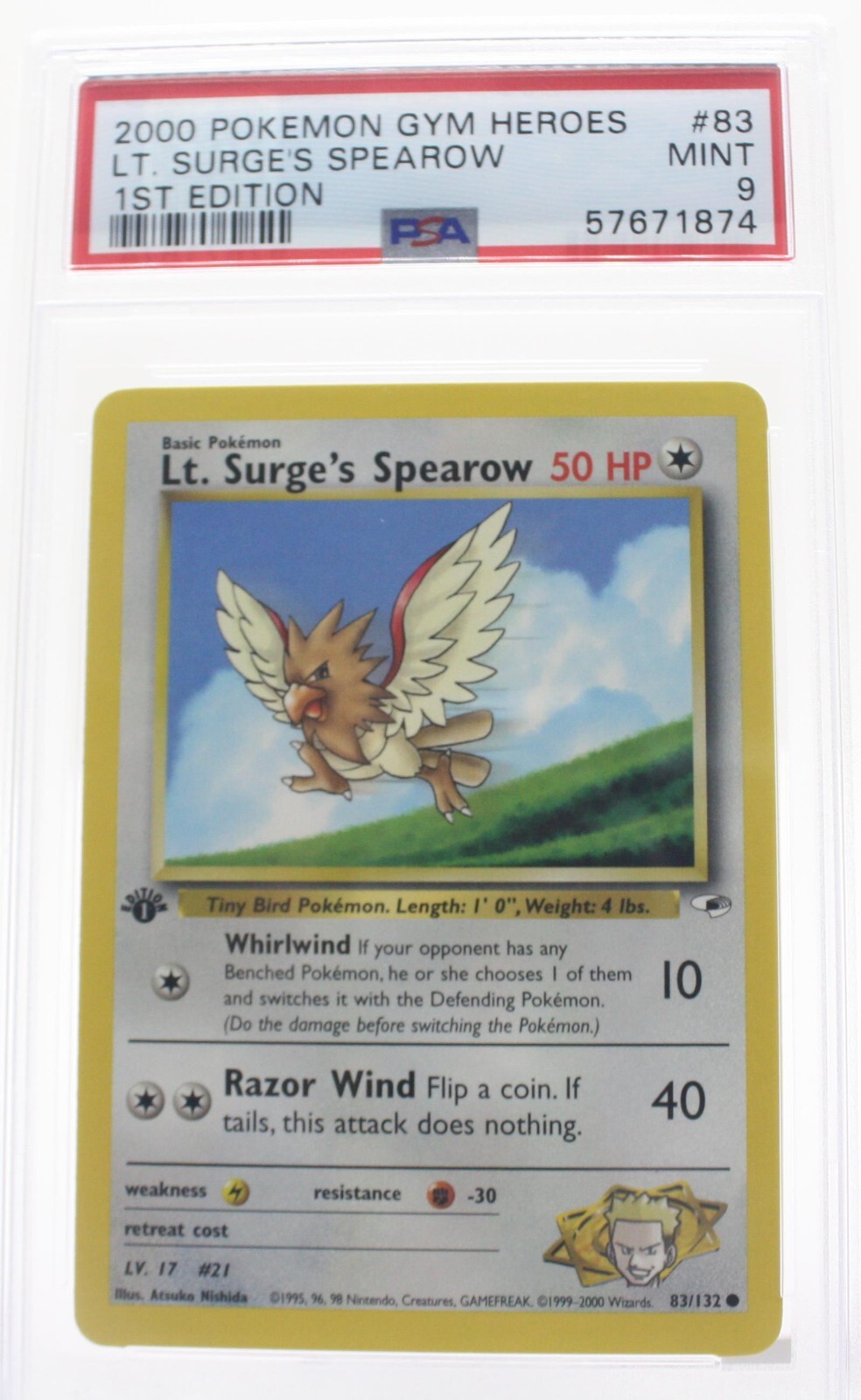PSA 9 MINT 2000 Pokémon Gym Heroes #83 LT. Surge's Spearow 1st Edition !!!