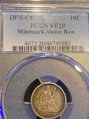 1875 CC 10c PCGS VF-20 Mintmark Above Bow - Picture 3 of 3