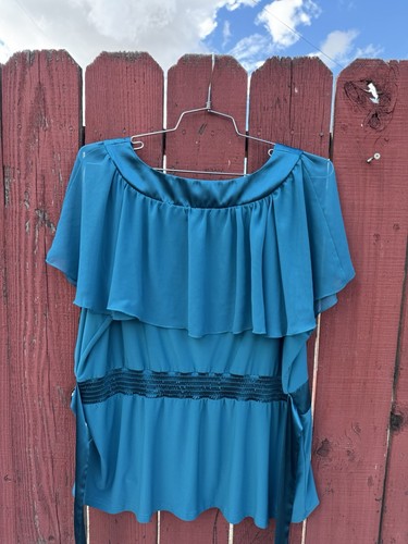 Marc Bouwer Semi Sheer Ruffle Flowing Turquoise Blue Blouse Top QVC Plus Size 2X - Picture 2 of 16
