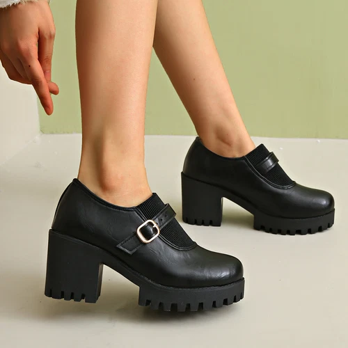 Women Pump Shoes Mid Chunky Block Heel Round Toe Oxford Dress Shoes Loafer - Picture 6 of 22