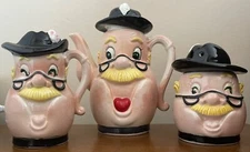 Fun Vintage Old Man Ceramic Tea Pot Sugar Container Creamer Set Mid Century 60s